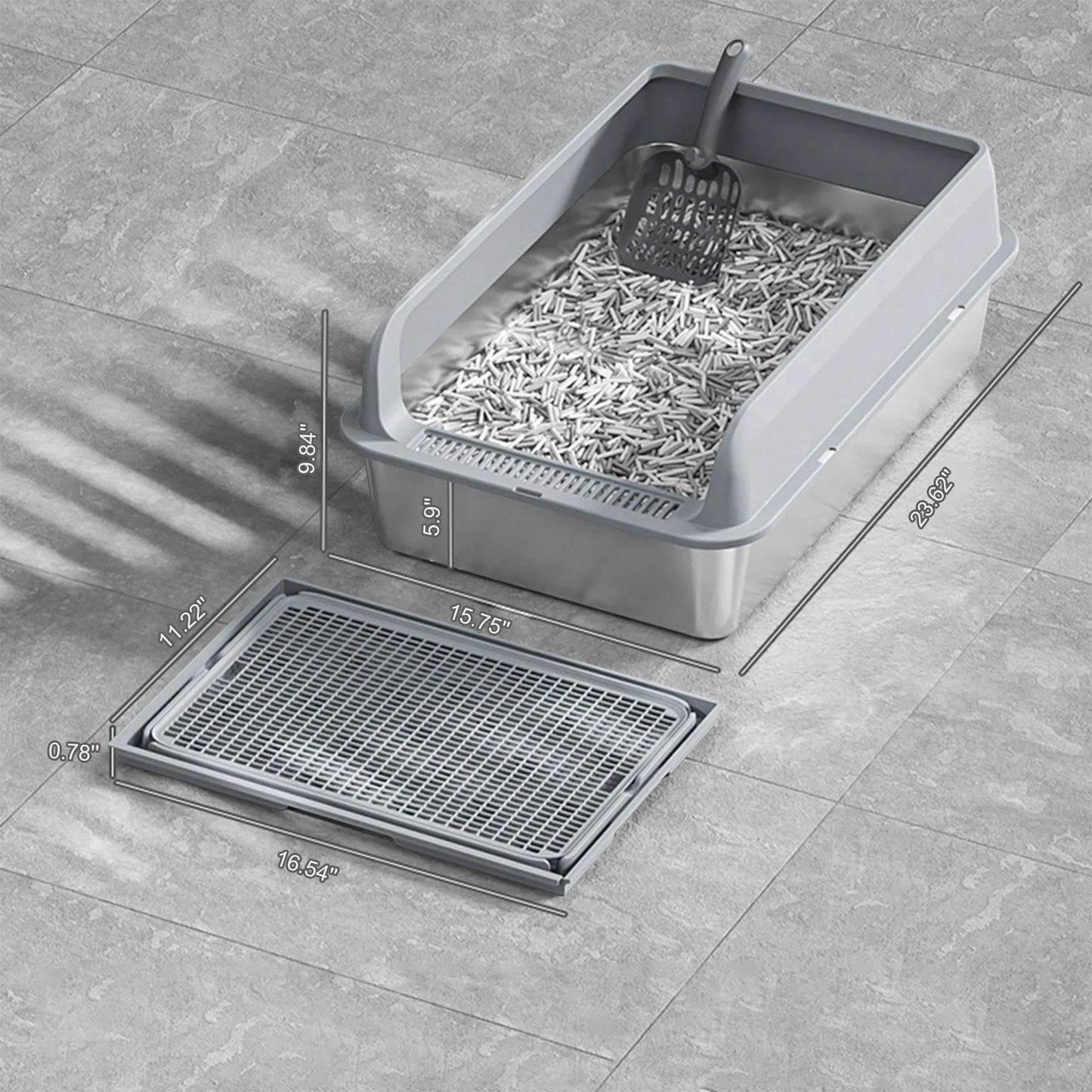 Stainless Steel High Sided Cat Litter Box with Mat and Scoop