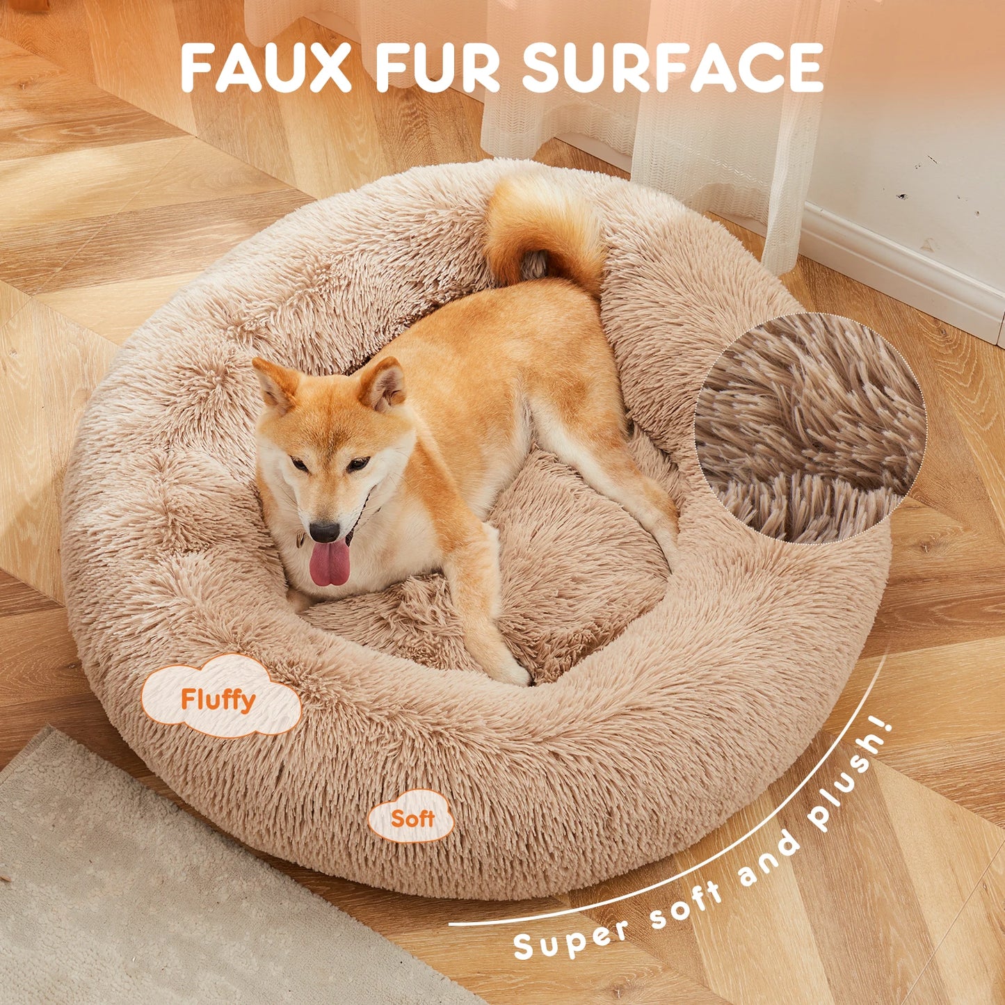 JHK Calming Dog Bed Plush Faux Fur Round Anti Slip