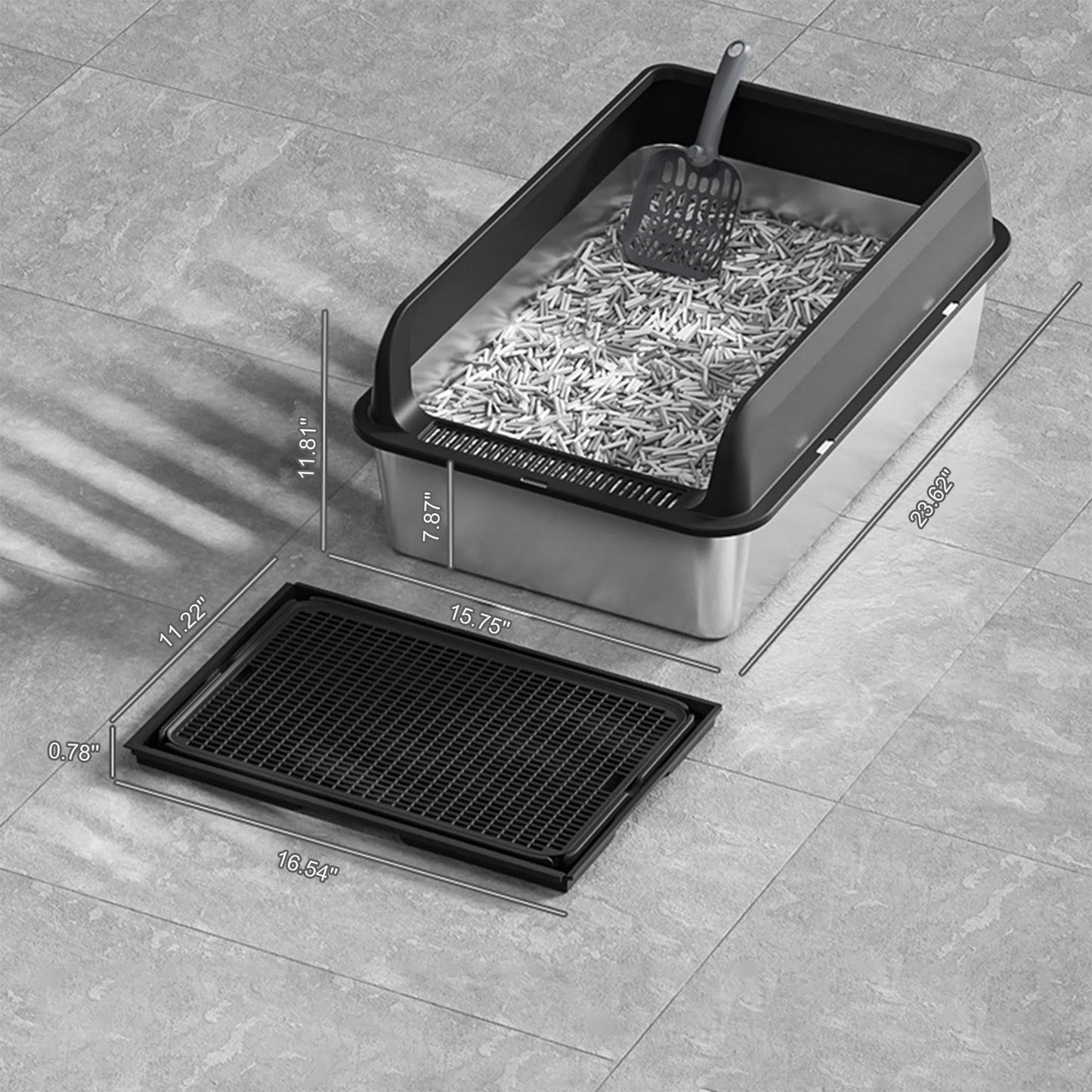 Stainless Steel High Sided Cat Litter Box with Mat and Scoop
