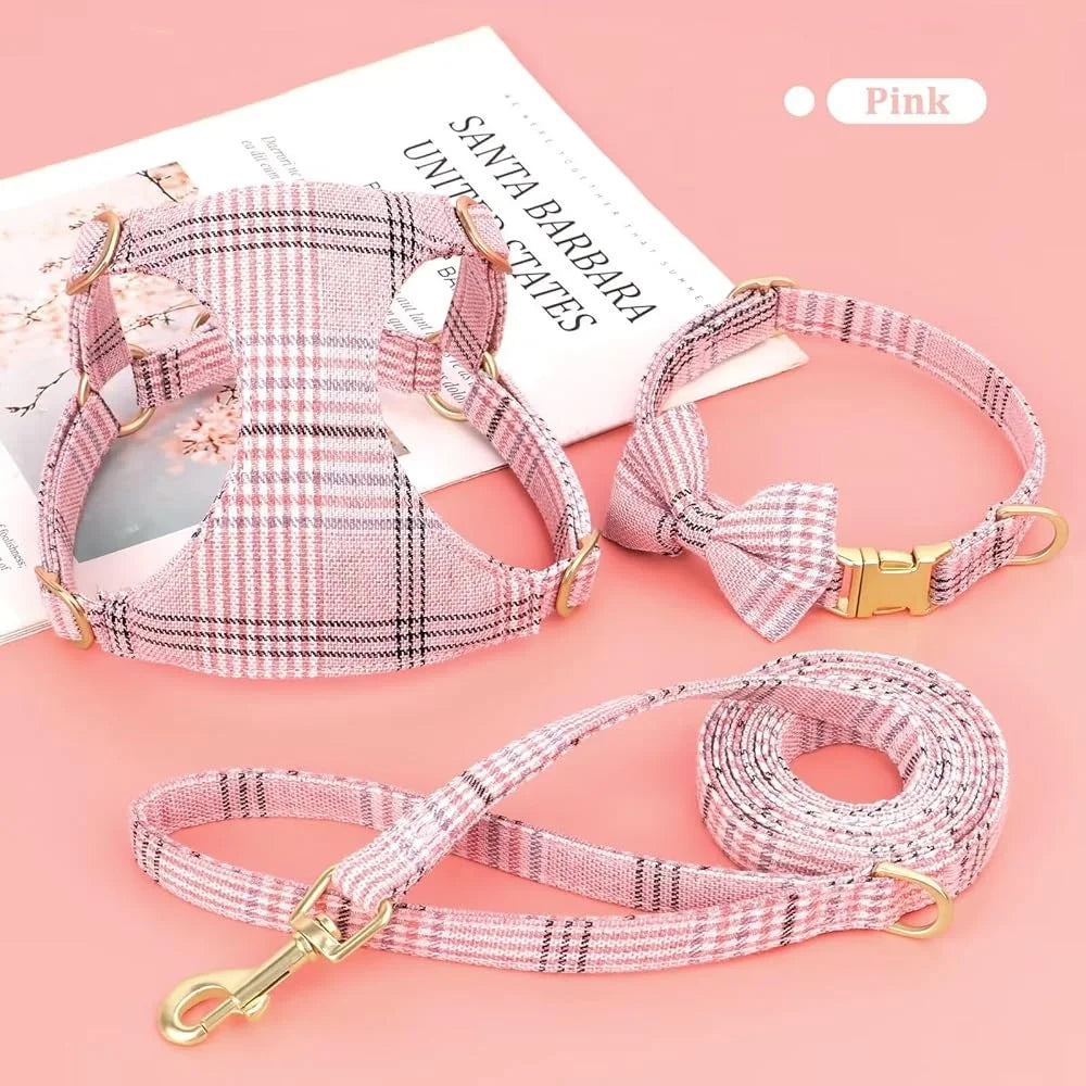 Cute Adjustable Plaid Dog Harness Collar Leash Set for XS Pets