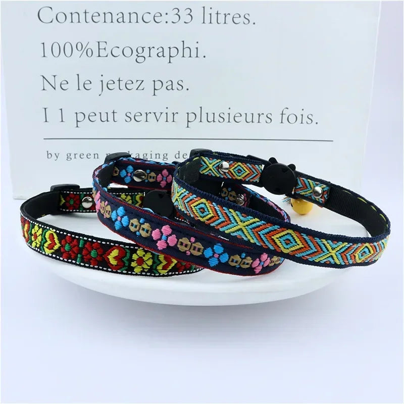 Adjustable Cat Collar with Colorful Plaid Pattern and Bells