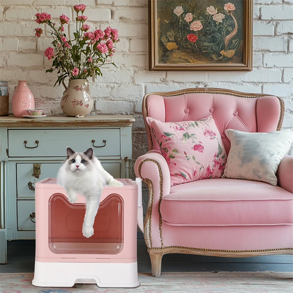 Feature Cat Litter Box Hooded Top Entry With Lid Scoop