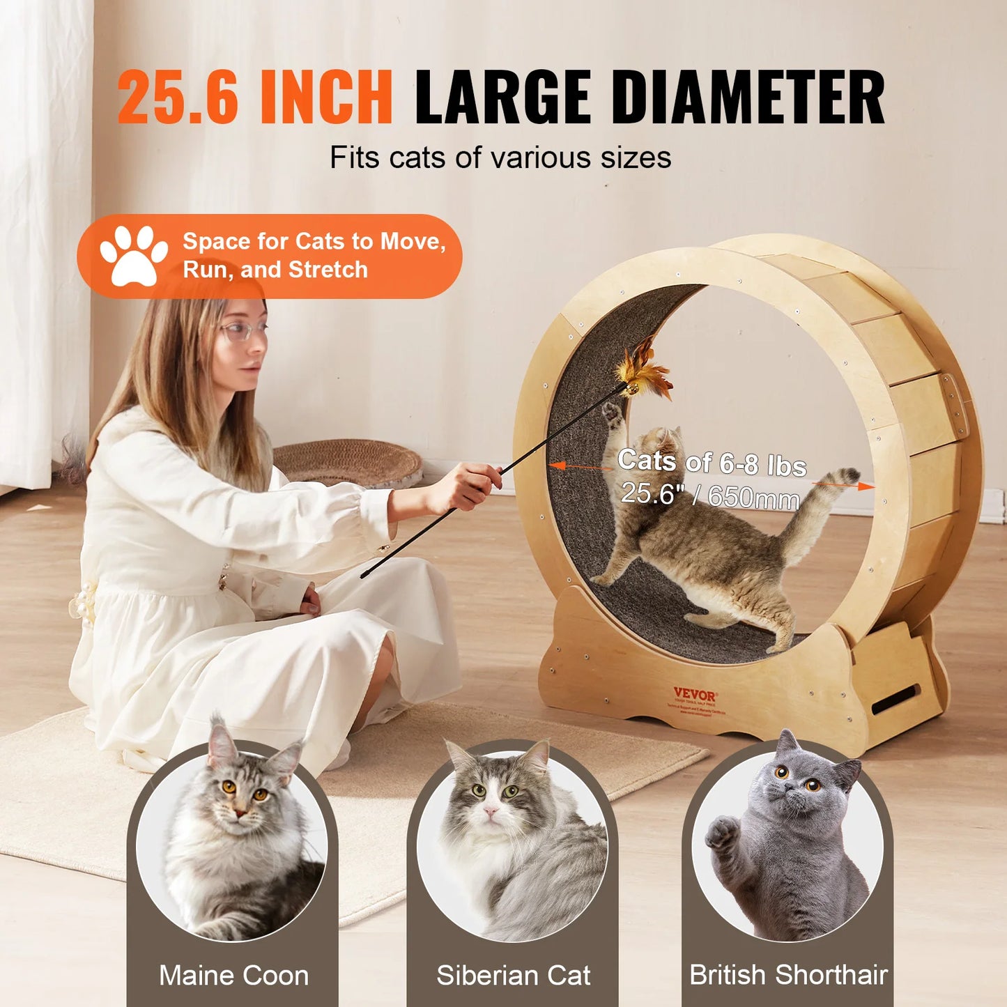 VEVOR Cat Exercise Wheel Natural Wood Silent Running Treadmill