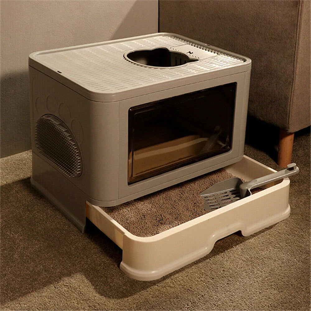 Large Hooded Cat Litter Box with Drawer and Grooming Scoop