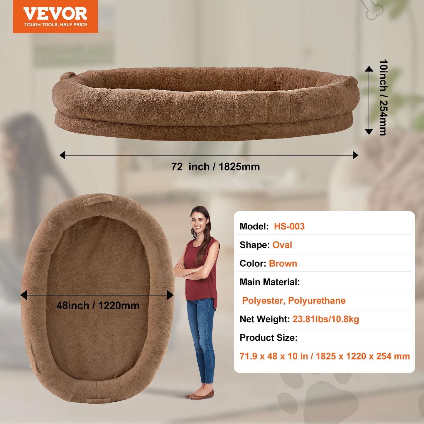 VEVOR Large Human Dog Bed with Washable Faux Rabbit Fur Cover